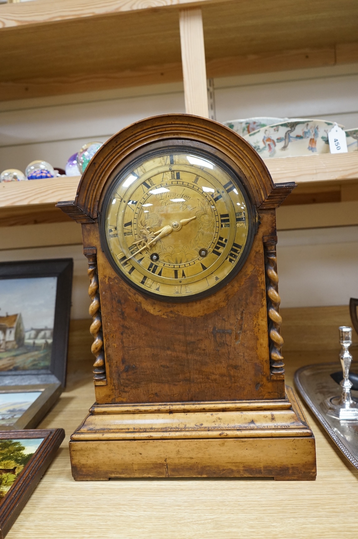 A 19th century French walnut bracket clock, the engraved brass dial signed Planchson Palais Royale, 20in.